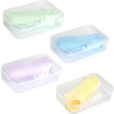 4 Pièces Brosse a Dent Chien Chat Silicone Doigt 360º avec des picots Réutilisable Avec Boîte Entièrement Enveloppés Soins Dentaires et Respiration Fraîche Bleu Vert Jaune Violet (1/5)
