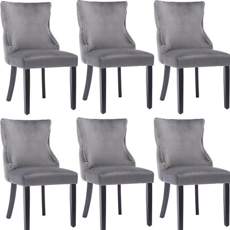 Silla de comedor gris de terciopelo con capitoné y estructura de madera, set de 6 (1/4)