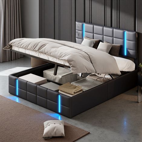 Letto imbottito nero in similpelle, 160 x 200 cm moderno letto matrimoniale con luci a LED e porte di ricarica USB, letto idraulico con ampio spazio di archiviazione, senza materasso (1/5)