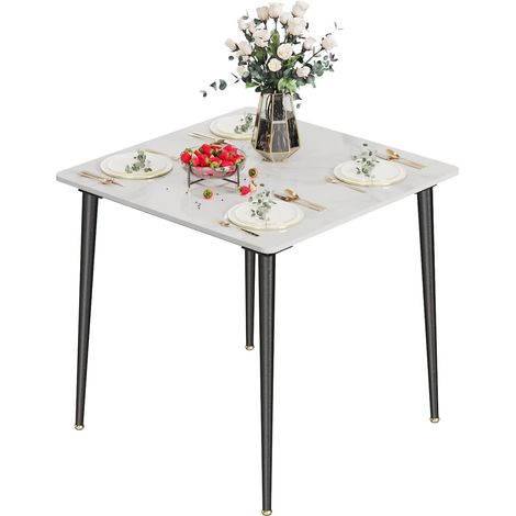 Esstisch Marmor Optik, 80×80cm Küchentisch Esszimmertisch für 4 Personen, Rechteckig Tisch mit rutschfesten Beinen aus Metall, Modern Design, Bentley Weiß (1/5)