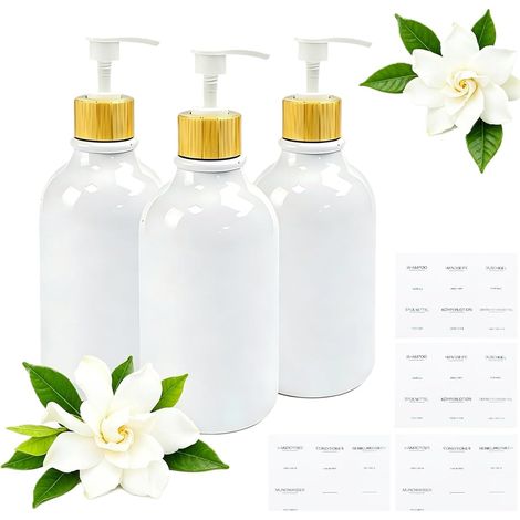 Juego de 3 botellas con dosificador de 500 ml – Gran capacidad, madera blanca – Dosificación precisa, a prueba de fugas – para champú, gel de ducha, loción – con embudo y etiquetas en alemán – Baño, v (1/5)