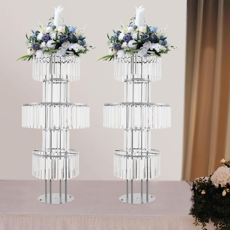 2PCS Silver Crystal Vases for Centerpieces, 5-Tier Round Flower Stands 43.3 in Metal Pedestal Stands for Table Chandelier Centerpiece Wedding, for Wedding, Birthday Party, Celebration, Home Decoration (1/5)