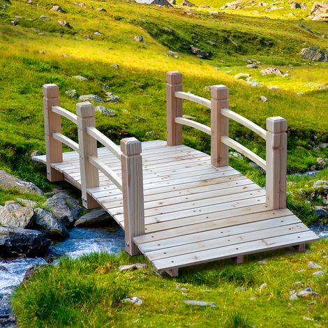 Ponte da giardino Outsunny, ponte in legno, passerella in legno, ponte per laghetto, ponte decorativo con ringhiera, fino a 180 kg, legno di abete, naturale, 152,5 x 67 x 48 cm