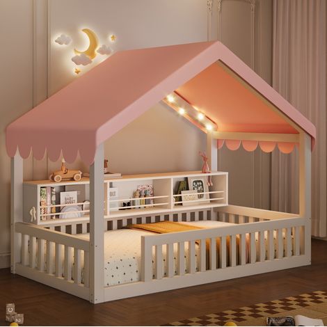 Cama infantil 90x200 cm blanca de madera con dosel, luces LED, estantería y barrera de seguridad (1/5)