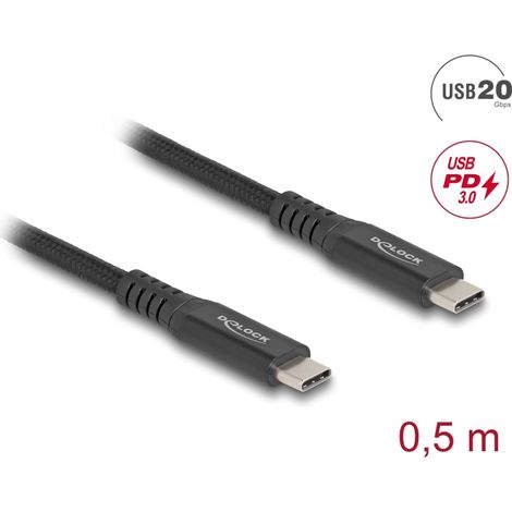 Delock Cable USB 20 Gbps USB Type-Câ¢ macho a macho PD 3.0 100 W E-Marker 0,5 m metal negro