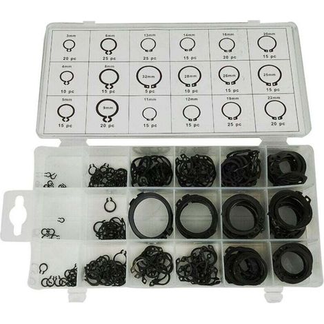 Circlip, 300 clips for elastic ring, shaft circlip, black, type C, for fixing external circlips of bearings, gears and pulleys (3-32 mm) (1/3)
