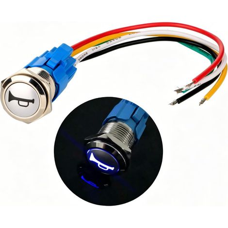 12V-24V/5A 16mm Précâblé Momentané Klaxon Bouton Poussoir Etanche Métal De Bouton avec Bleu LED (1/5)