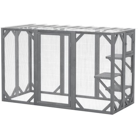 71" Outdoor Wooden Cat House Three Platforms, Large Door, Water-Resistant Roof, for Multiple Cats, Grey (1/5)