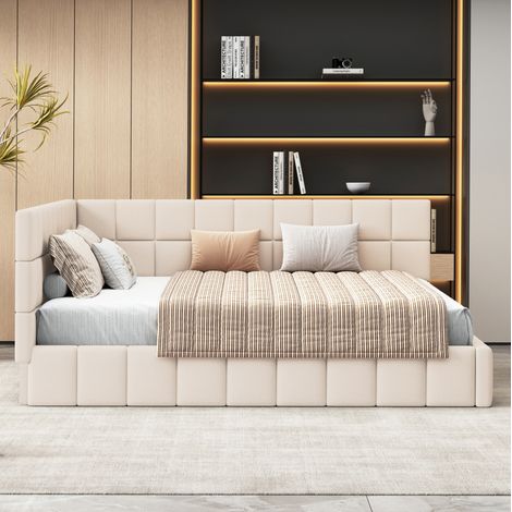 CHICFURN Lit coffre rembourre velours gris fonce 140 x 200 avec tete de lit de rangement et eclairage LED (1/5)