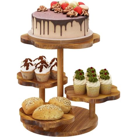 Présentoir à Cupcakes En Bois à 4 Niveaux,Support à Dessert,Presentoir a Gateau En Bois,Pour Fête d'Anniversaire,Mariage,Fête Prénatale,Fête à La Maison(Marron,festonné) (1/5)