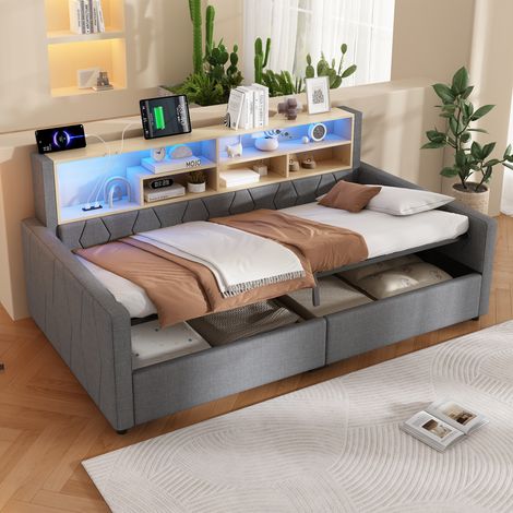 Lit coffre 90x200 cm 1 place, lit simple, lit banquette en lin gris, rangement hydraulique, niche ouverte, sommier à lattes, LED, USB-A/USB-C (1/5)