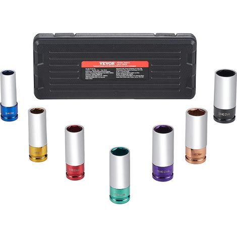 VEVOR Jeu de Douilles a Chocs Profondes pour Ecrous de Roue 7PCs, Coffret de Douilles pour Ecrou a Entrainement de 1/2 po 12,7 mm, 6 Pans, Metriques 17/19/21/22/23/24/27 mm, pour Reparation Automobile