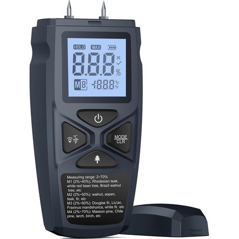 Humidimètre-thermomètre pour bois dur, bois tendre, papier, bambou et herbes. Écran LCD. Haute précision et réponse rapide. Maintien des données. Indicateur de batterie faible. Plage de mesure : 4. No (1/5)