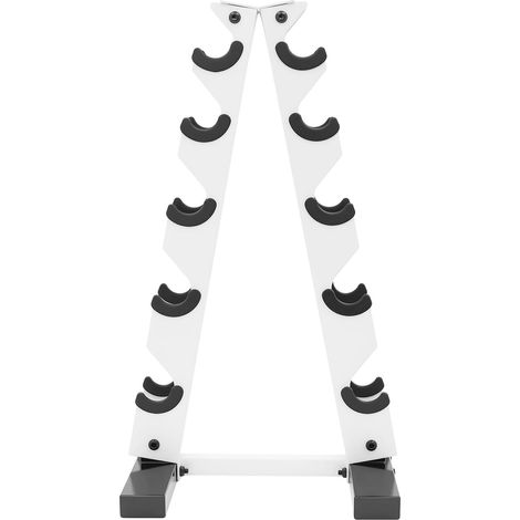 Supporto a 5 livelli per 5 coppie di manubri, struttura stabile a forma di A, portata 100 kg, per palestra o uso domestico, bianco (1/5)