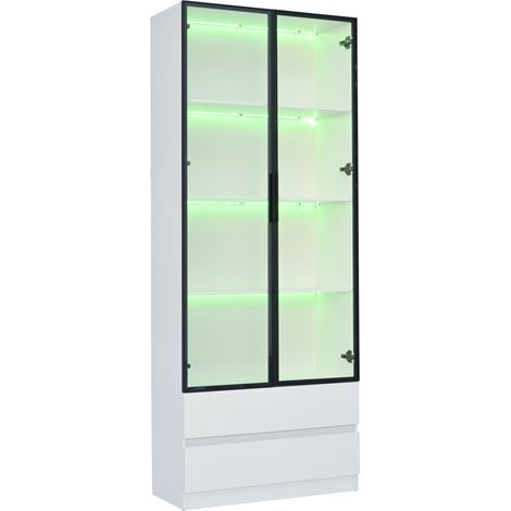 Vitrine blanche 80x34x200 cm avec LED, 2 portes en verre, 2 tiroirs, cadre aluminium, rangement salon (1/5)