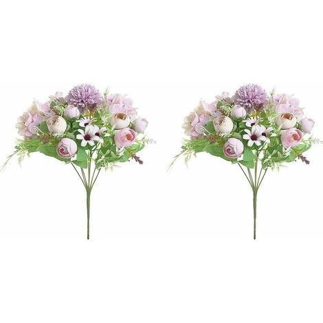 Fls Artificielles 7 Branches Soie Camélia Faux Marguerites Feuille Hortensia Mariage Décor Floral Bouquet 2 Pcs (Violet)