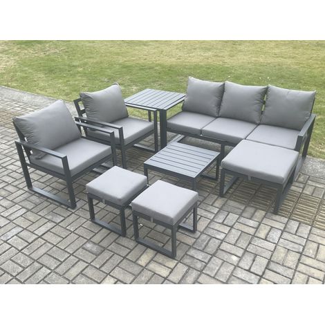 Fimous Aluminium Outdoor Lounge Sofa Set Garden Furniture Sets with Square Coffee Table 2 Chairs 3 Footstools Side Table Dark Grey 8 Seater (1/5)