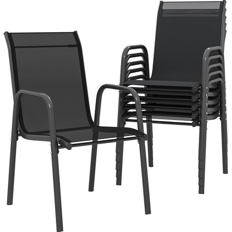 Set mit 6 stapelbaren Gartenstühlen mit Armlehnen, Netzgewebe-Sitzfläche und -Rückenlehne, schwarzem Metallgestell
