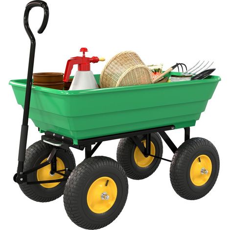 Chariot jardin benne basculante 75° – 75 L, charge 200 kg, 4 roues – Jaune vert, acier et PP (1/4)