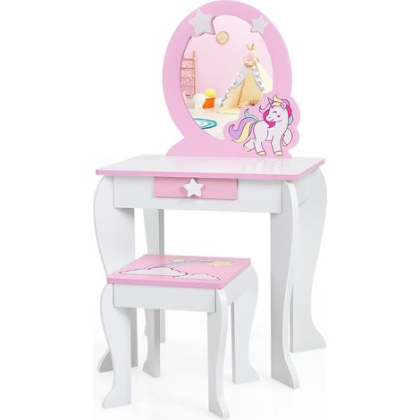 2 in 1 Kids Vanity Table and Chair Set Princess Makeup Dressing Table Writing (1/5)