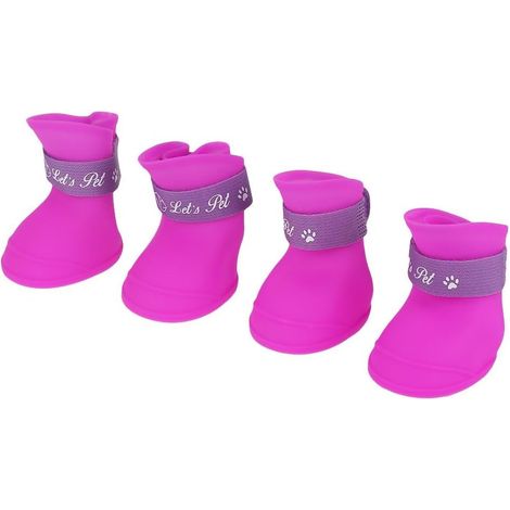 Lot de 4 chaussures pour chien, bottes en silicone imperméables et antidérapantes, bottes de pluie pour petits chiens (taille M/rose rouge) (1/5)