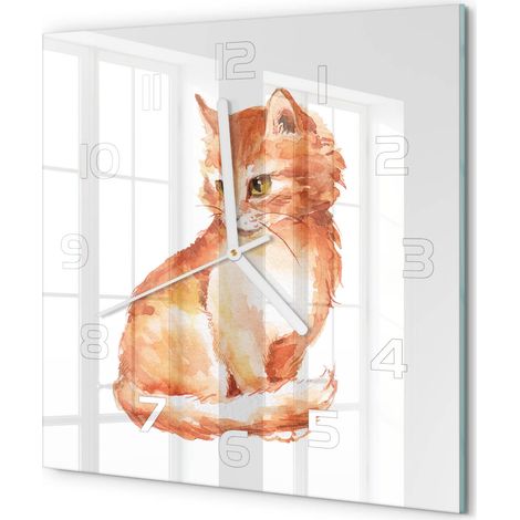 Horloge Murale Carrée Chambre Bureau Verre Silencieuse Design Moderne Élégant Chat roux 30x30 cm (1/5)