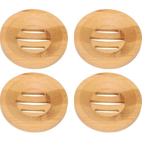 Porte-savon en bambou (lot de 4), égouttoir, facile à nettoyer, pour salle de bain ou cuisine, diamètre 8 cm. (1/5)