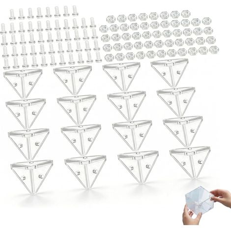 16 Supports d’Angle en Acrylique Transparent avec 3 Trous, Vis à Tête Ronde Transparente et Écrous en Cristal, Connecteurs Droits pour Vitrines et Meubles en Plexiglas (1/5)