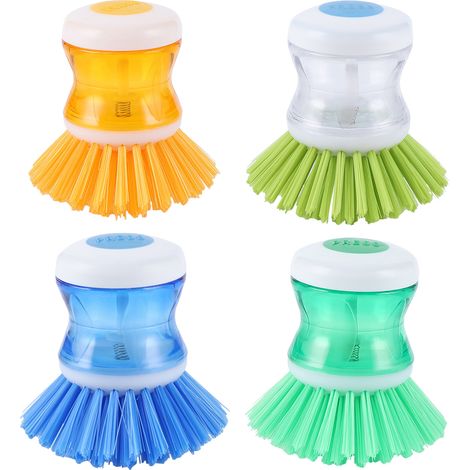 Lot de 4 brosse à vaisselle, distributeur de savon intégré, poils robustes et doux, nettoyage cuisine (1/5)