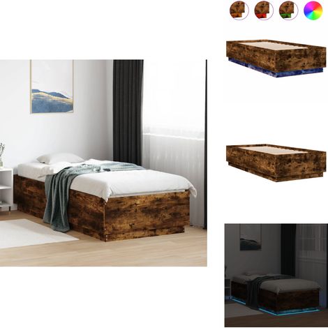 Bettgestell mit LED Räuchereiche 100x200 cm Holzwerkstoff - Holzbettfassad - Bettrahmen - Schlafzimmermöbel - Rauchfarbenes Möbelstück - LED-Bettgestell (1/5)