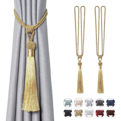 QORVA-Lot de 2 attaches de rideaux à longs pompons, faites à la main, style européen tressé, pour décoration de fenêtre de maison ou de bureau (doré)