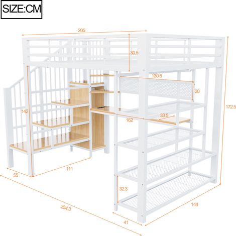 Lit mezzanine en métal 140x200 cm, bureau long et panneau perforé, étagère triangulaire, prises européennes et bandeau LED, rangements multi-niveaux, garde-corps haut, blanc (1/5)