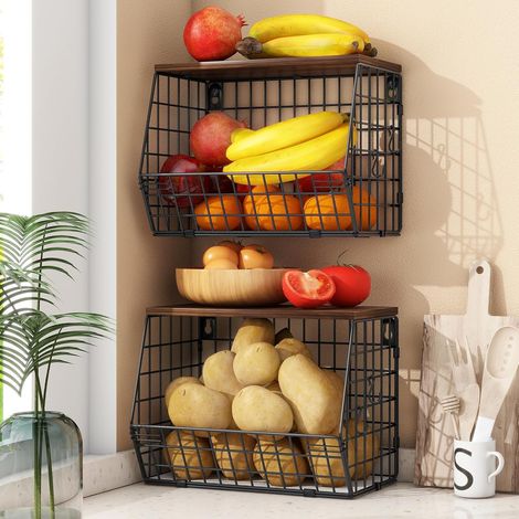 Corbeille à Fruits 2 Étages avec Couvercle Bois, Panier Empilable et Mural pour Collations et Légumes