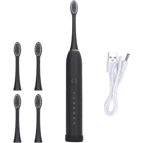 Brosse à dents électrique automatique étanche IPX7, 6 modes de nettoyage, rechargeable et 4 têtes de brosse noires (1/4)