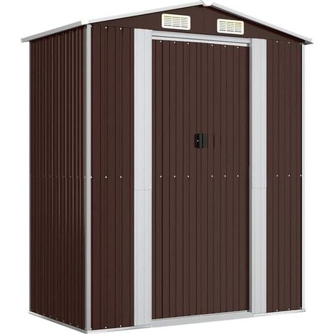 Cabane de jardin brun foncé, mesurant 192 x 108 x 223 cm, en métal galvanisé. (1/5)
