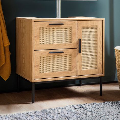 M&S – Meuble sous vasque 3 portes 60x40x60 cm effet chêne et rotin – Compartiments optimisés pour vasque standard – Structure en panneaux agglomérés