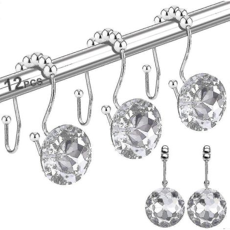 Lot de 12 anneaux et crochets pour rideau de douche, crochets doubles coulissants antirouille avec strass en cristal, pour tringles, rideaux et doublures.