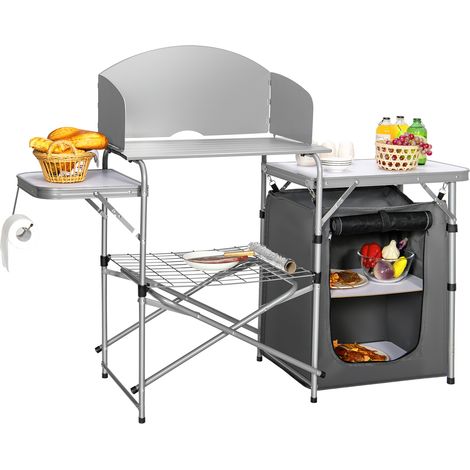 Table de Camp Pliable avec Rangement, Pare-vent, Sac de Transport, Table à Gril Légère et Portable pour Fête BBQ, Camping, Gris (1/5)