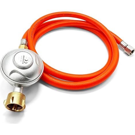 Régulateur de pression de gaz 50 mbar, tuyau de gaz avec réducteur de pression, tuyau de gaz de 150 cm, raccord à vis avec filetage à gauche 1/4", pour barbecues à gaz pour camping (1/5)