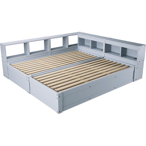 Cama multifuncional 90/180 x 200 cm con enchufes, LED y almacenaje, gris (1/5)