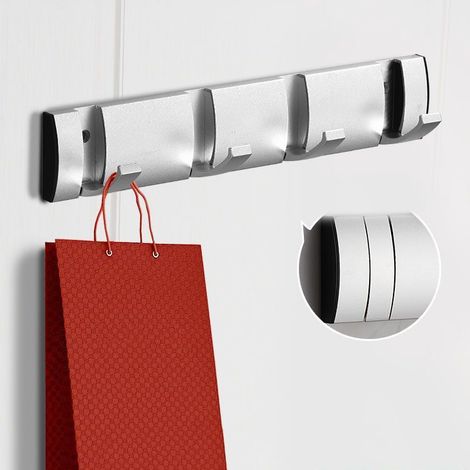 Patère murale épaisse et discrète sans perçage avec 4 crochets pour vêtements derrière porte salle de bain et toilettes couleur argentée (1/4)