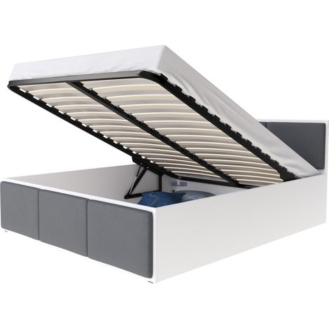Lit coffre 140x190 cm Panama T - Tête de lit - Coffre 740 L - Sommier inclus - Blanc - Gris foncé (1/4)