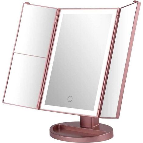 Miroir Maquillage Lumineux, 2X/3X Miroir Grossissant Lumineux, Miroir Pliable, Rotation à 180°, Or Rose (1/4)