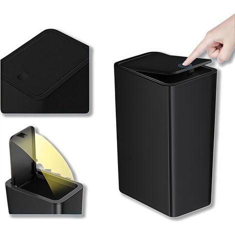 Cubo de basura, Cubos de basura, Cubo de basura de baño, 10 litros, Tapa abatible, Dormitorio, Sala de estar, Oficina, 19,5 x 13 x 32,5 cm, Negro (1/5)