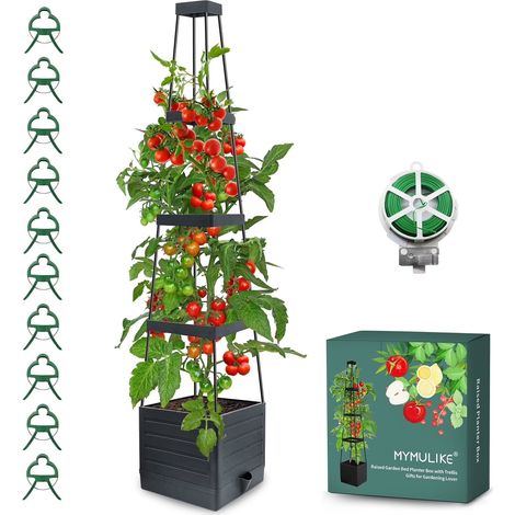 Jardinière surélevée avec treillis, cage à tomates de 147 cm, arrosage automatique, pour légumes grimpants, intérieur/extérieur, lot de 2 (1/5)