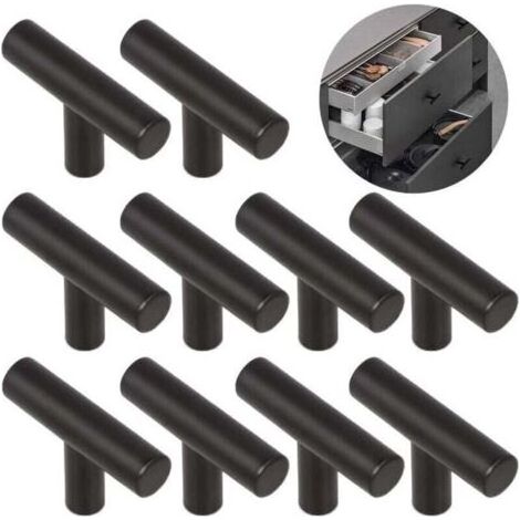 10 Pièces T Alliage Poignée Brossé Facile Poignées Porte D'armoire Meubles Monotrou Alliage Solide Durable, pour Tiroirs, Armoires, Placard, Armoires Chaussures, Tables Chevet—Noir Sable (1/5)