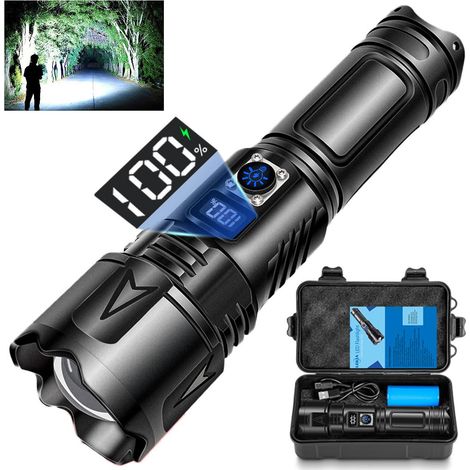 Lampe Torche LED Ultra Puissante, 500000 Lumens USB-C Rechargeable Lampe de Poche avec Batterie 5000mAh, 5 Modes Zoombar IP65 Étanche Tactique Torches pour Camping D'urgence Randonnée [Classe énergéti