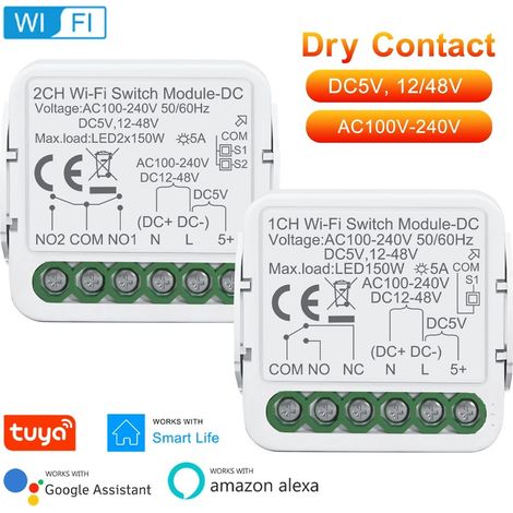 Tuya Modulo Interruttore AC 240V o DC 5–48V Smart WiFi a Contatto Pulito da Incasso 1