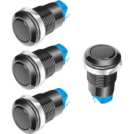 Lot de 4 boutons-poussoirs noirs étanches 12 mm 3 A 12 V/24 V/125 V/250 V CA Bouton-poussoir à verrouillage en cuivre nickelé Bouton-poussoir court à verrouillage automatique (plat) (1/5)