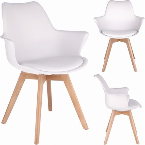 Chaise blanche en polypropylène avec coussin simili cuir – Dossier profilé et accoudoirs confortables – Pieds en hêtre – Hauteur d’assise 46 cm
